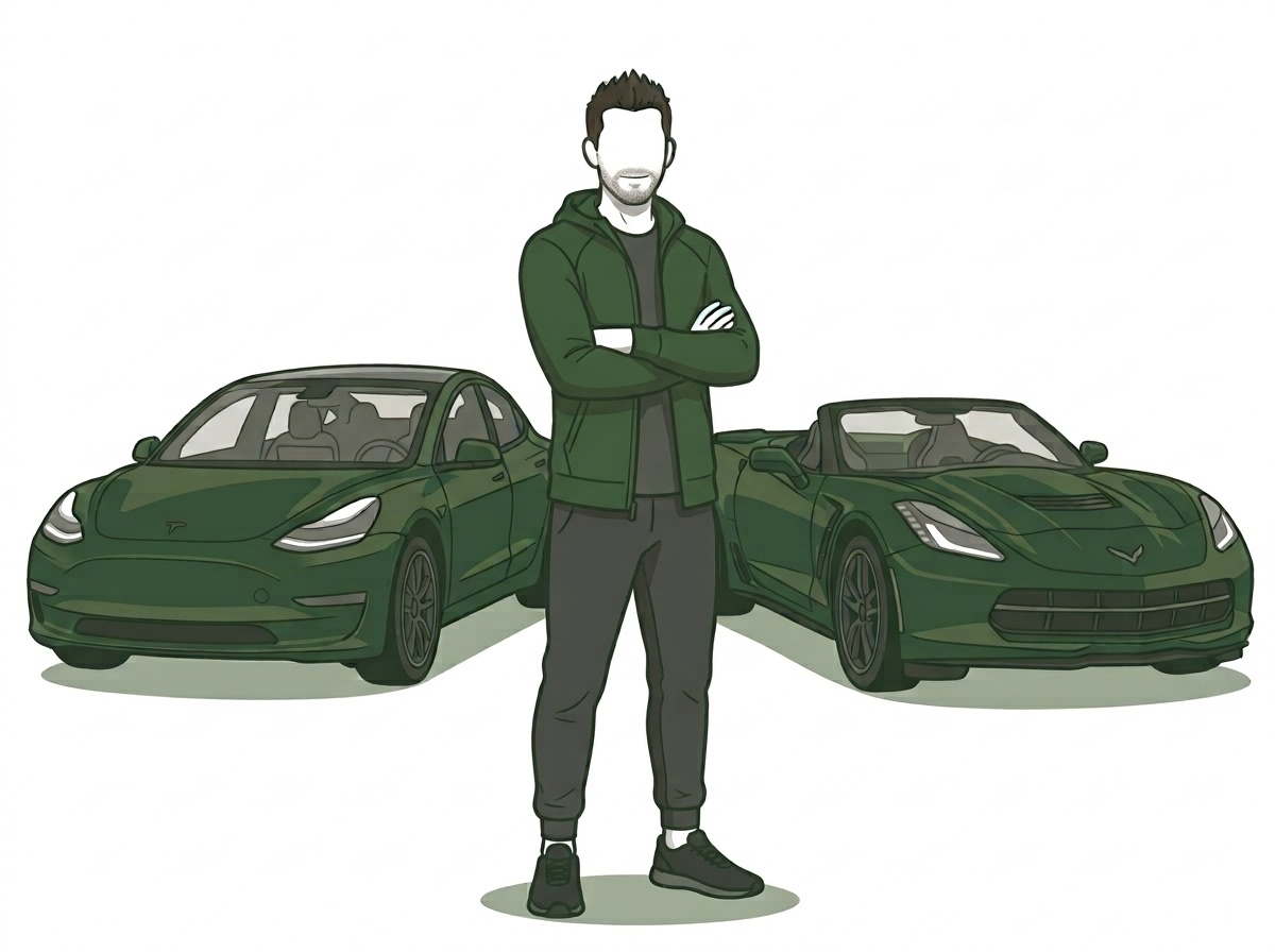 Illustration of a CARME Auto car buyer standing between a Tesla and a Corvette