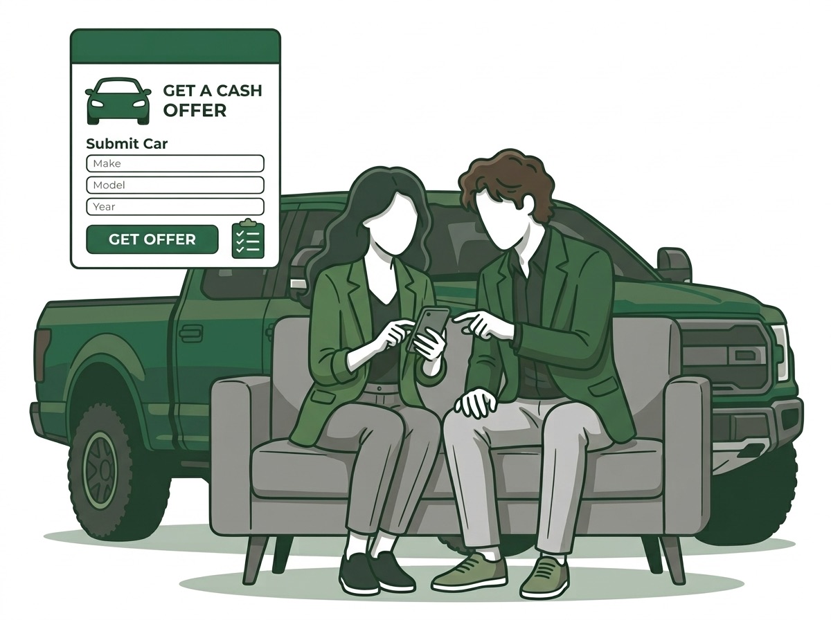 Illustration of a couple checking their car's cash offer on a phone