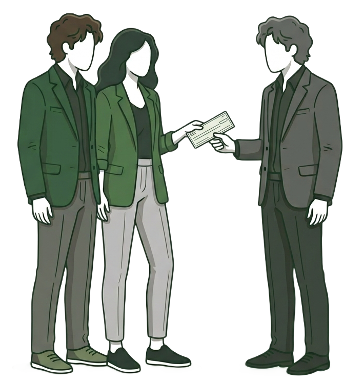 Illustration of a CARME buyer handing a cheque to the sellers