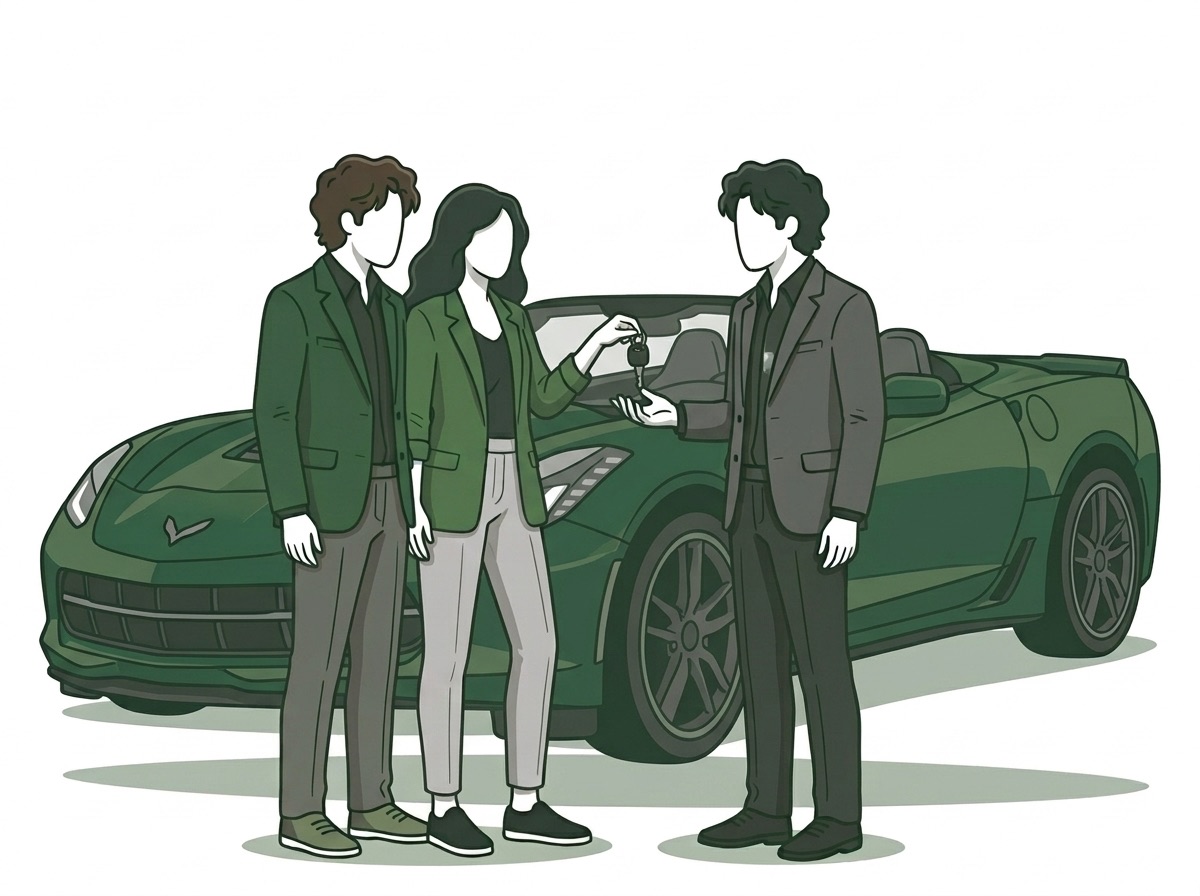 Illustration of sellers handing the keys to their Corvette to a CARME buyer