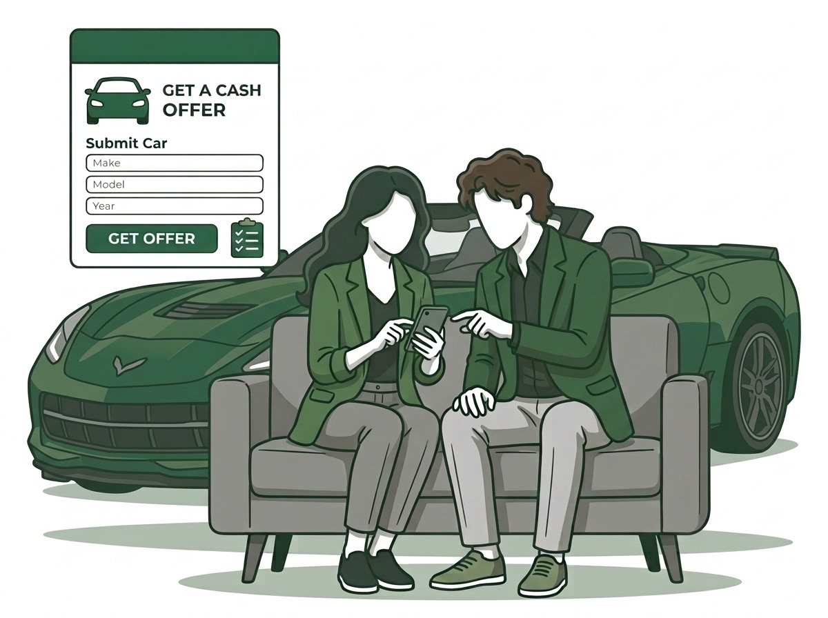 Illustration of a couple checking the cash offer for their Corvette on a phone