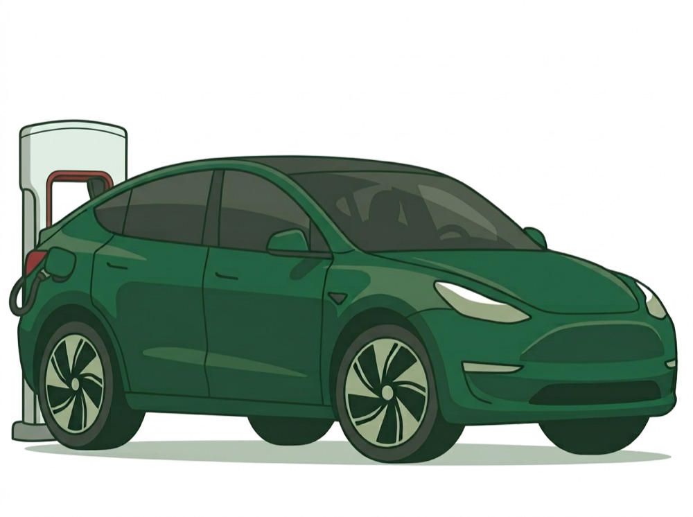 Illustration of an electric SUV plugged into a fast charger
