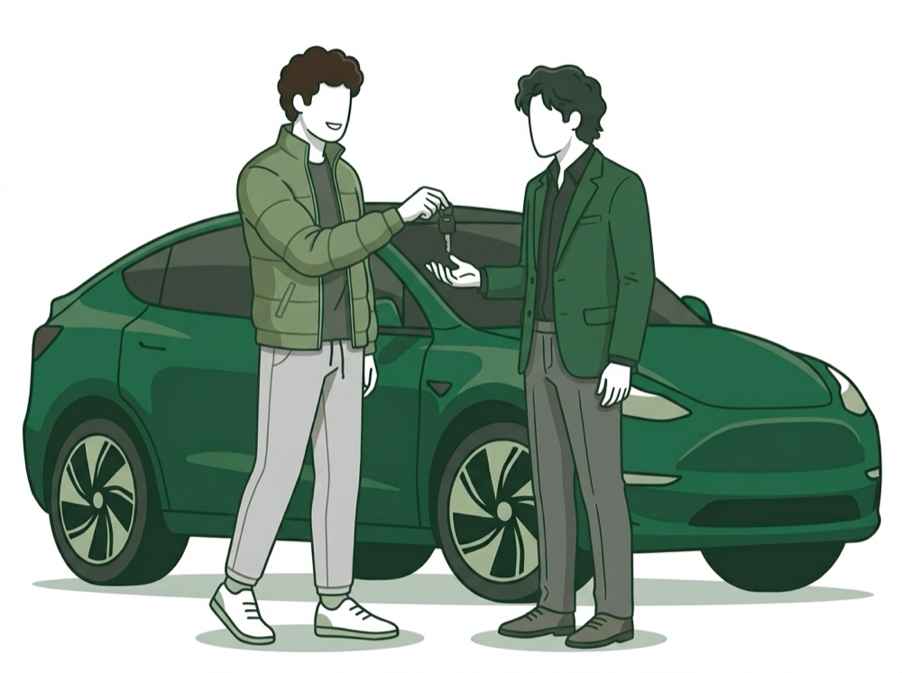 Illustration of an EV owner handing their keys to a CARME Auto buyer beside the car