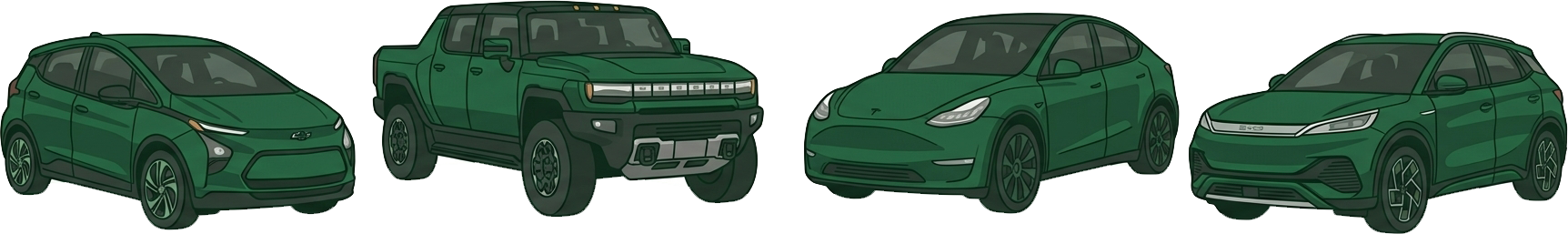 Illustration of electric vehicles CARME Auto buys, including a Chevrolet Bolt, GMC Hummer EV pickup and Tesla Model Y
